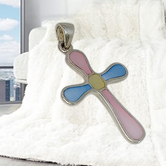 .Sterling Silver Mother of Pearl Cross Pendant - Picture 2 of 6